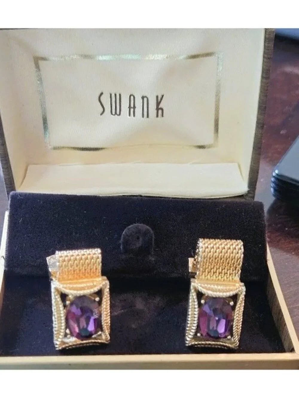 Vtg Swank Gold Tone Mesh Wrap Cufflinks Amethyst Purple Glass MCM Boxed
